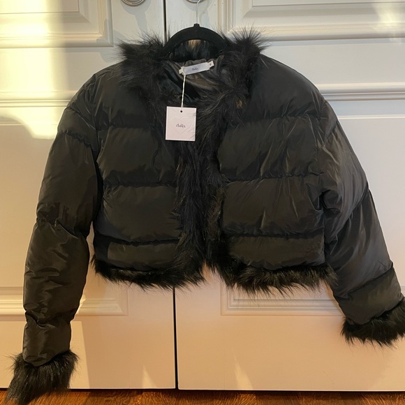 Black Furry Cropped Puffer Jacket - Picture 3 of 3